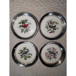 Sheridan Taunton Silverplate Porcelain Bird Coasters Bluebird Jay Cardinal Robin